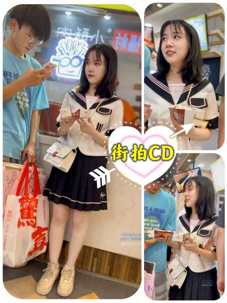 商场尾随偷拍JK制服学妹和男友逛街，白色窄内可爱风